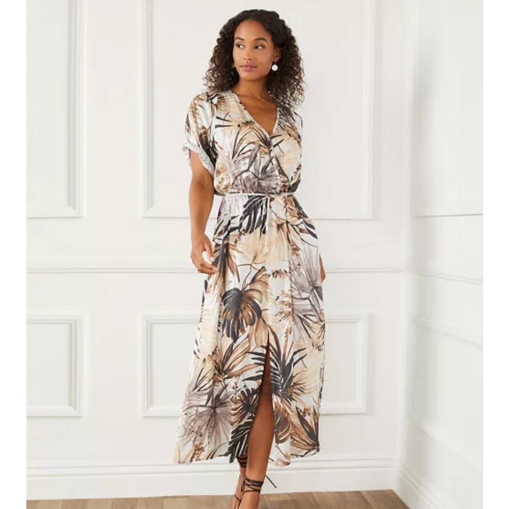 Karen Kane Cream and Brown Sundress with Dolman Sleeves and V-Neck - Picture 3 of 8